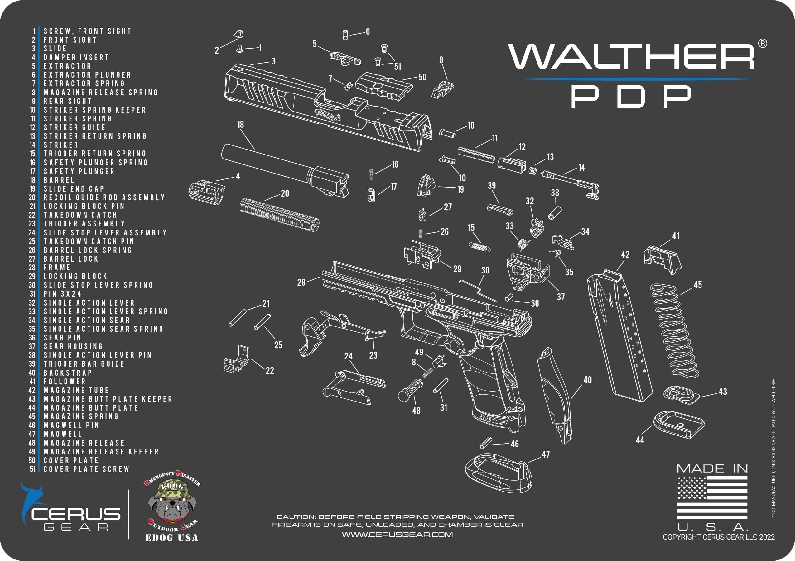 PDP Gun Cleaning Mat - Schematic (Exploded View) Diagram Compatible with Walther PDP Series Pistol 3 mm Padded Pad Protect Your Firearm Magazines Bench Surfaces Gun Oil Solvent Resistant