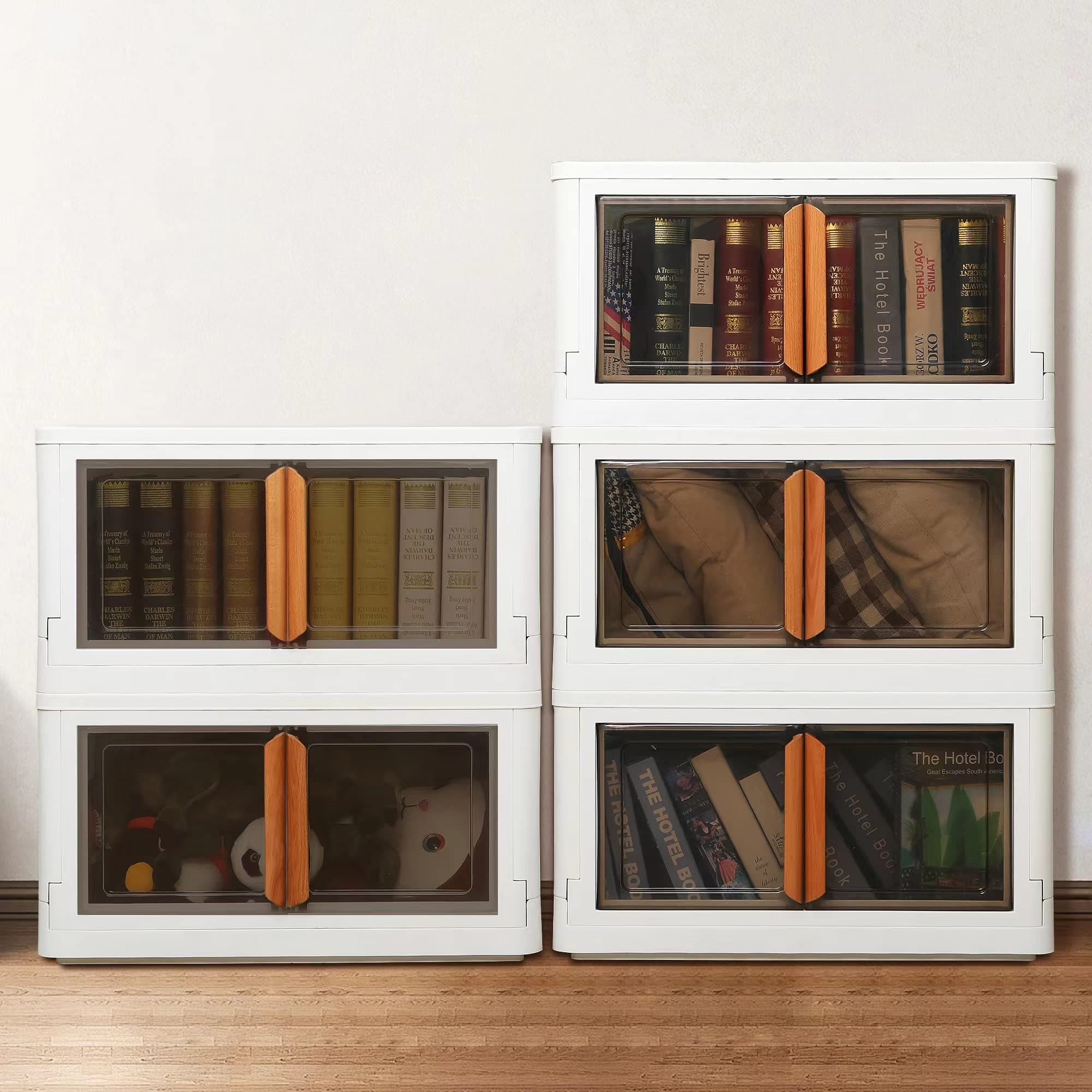 Storage Bins with Lids,5 Packs Clear Stackable Lidded Storage Bins,Collapsible Storage Cube Bins with Wheels,Plastic Storage Box Containers with Double Doors for Home,Bedroom,Office(Large)