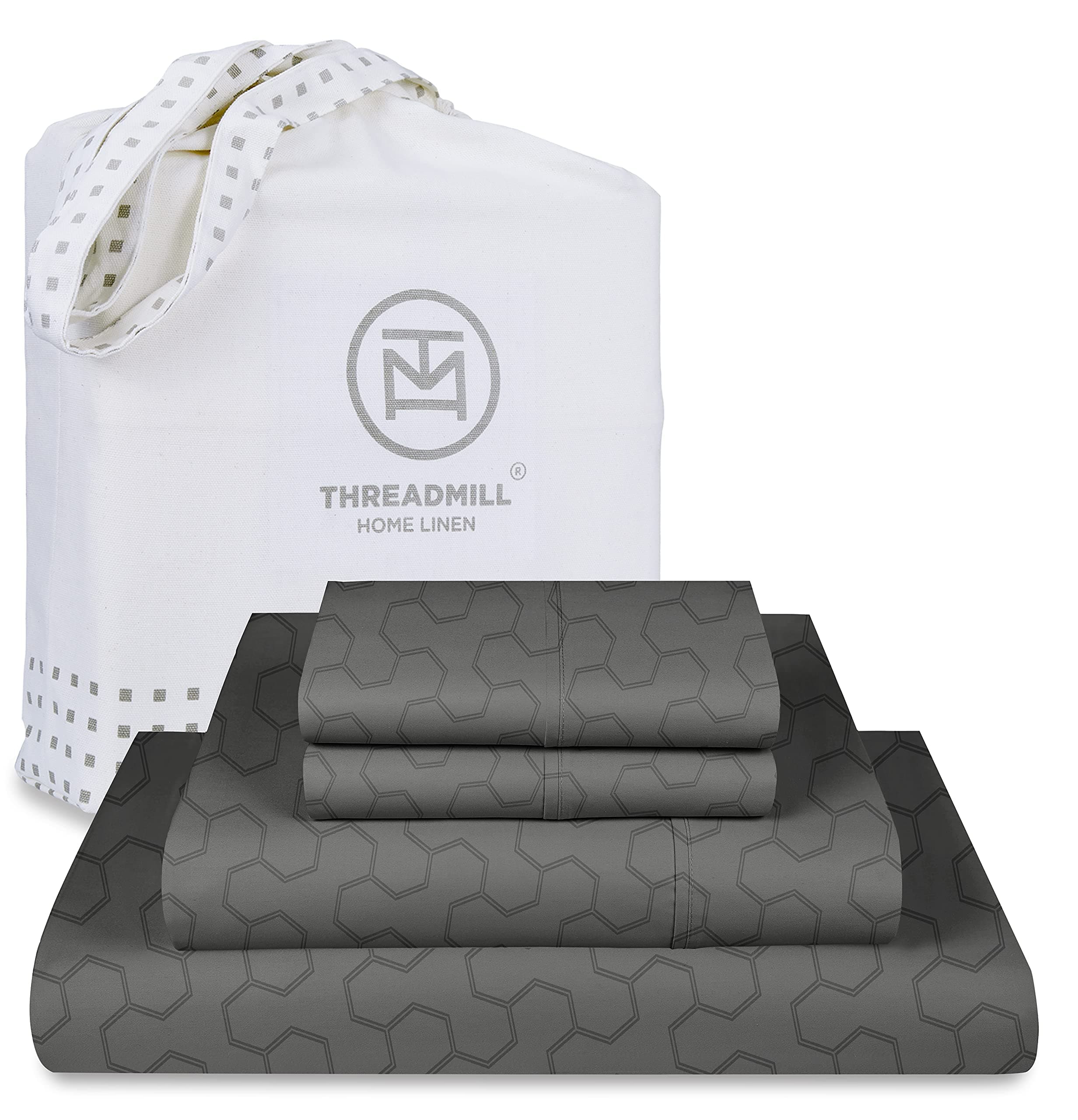 Threadmill 500 Thread Count Full Size 4 Pc Luxury Cotton Sheet Set, Jacquard Floria Dark Grey, Silky Smooth Sheets with 16" Elasticized Deep Pocket, 2 Pillowcases & Free Tote BagOEKO-TEX STANDARD 100