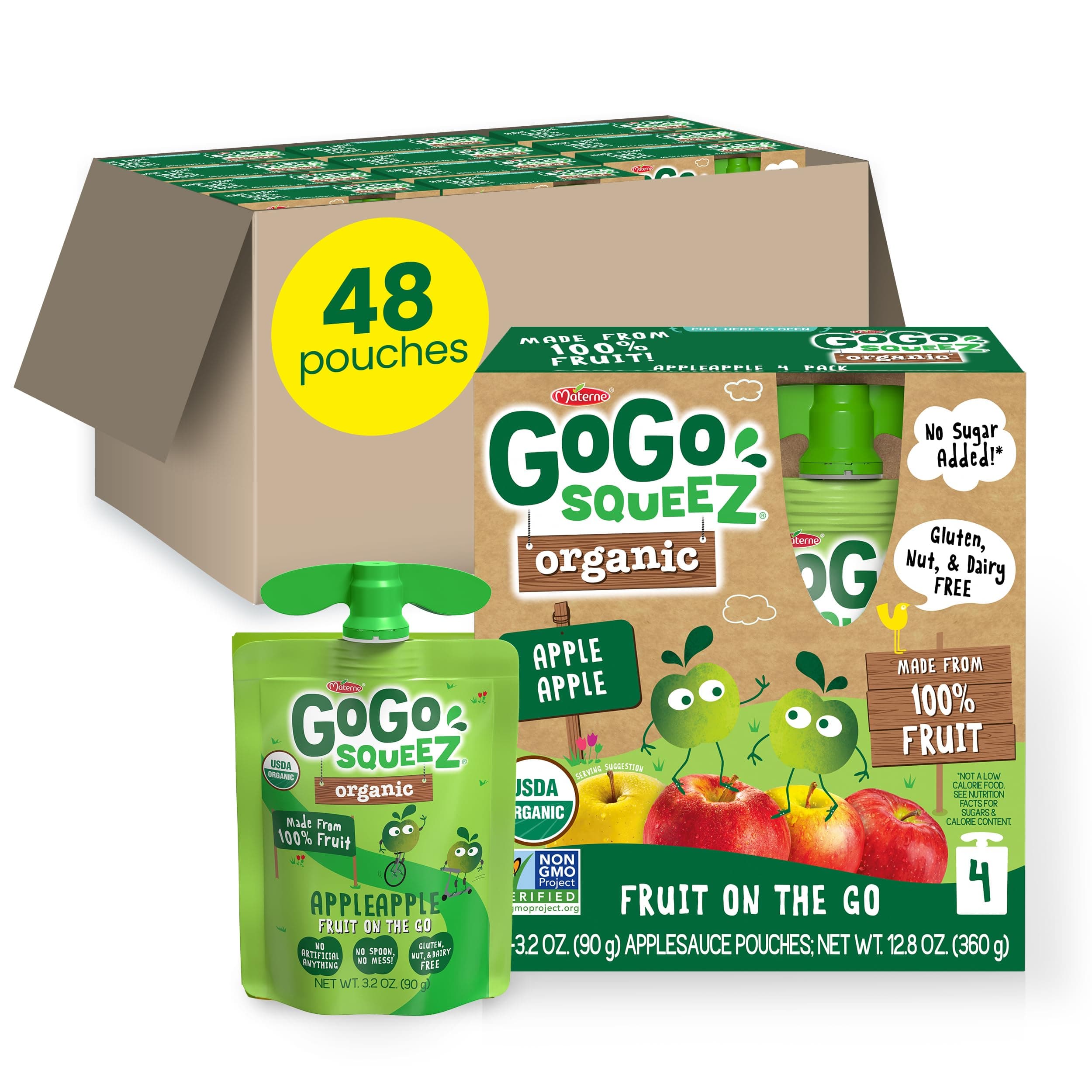 GoGo squeeZ Organic Applesauce and Fruit Puree, Apple Apple, 3.2 oz (Pack of 48), Unsweetened Organic Fruit Snacks for Kids, Gluten Free, Nut Free and Dairy Free, Recloseable Cap, BPA Free Pouches