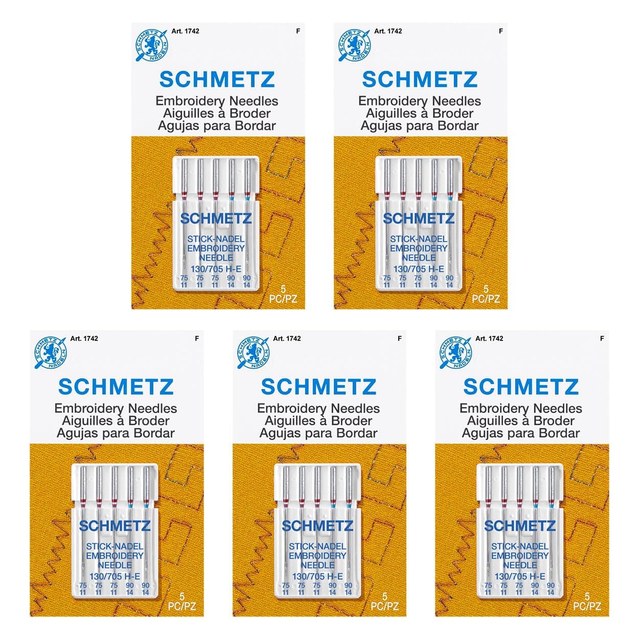 Embroidery Sewing Machine Needles - Precision Needles, Assorted Sizes, 5- Needle Cards, Pack of 5
