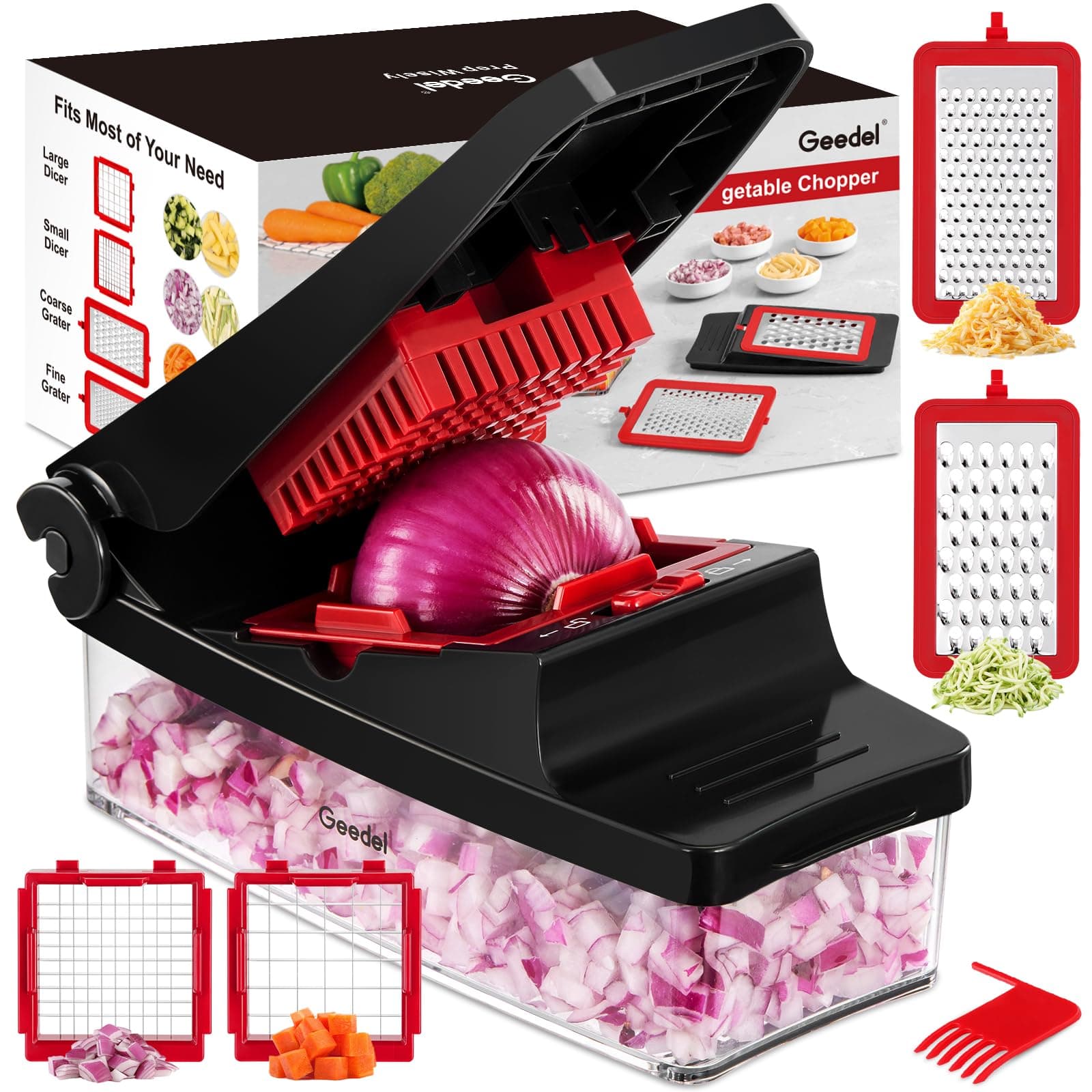 Vegetable Chopper, Onion Chopper Pro Food Chopper, Kitchen Vegetable Slicer Dicer Cutter Grater, Veggie Chopper with container for Salad Onion Potato Carrot (4 in 1, Red)