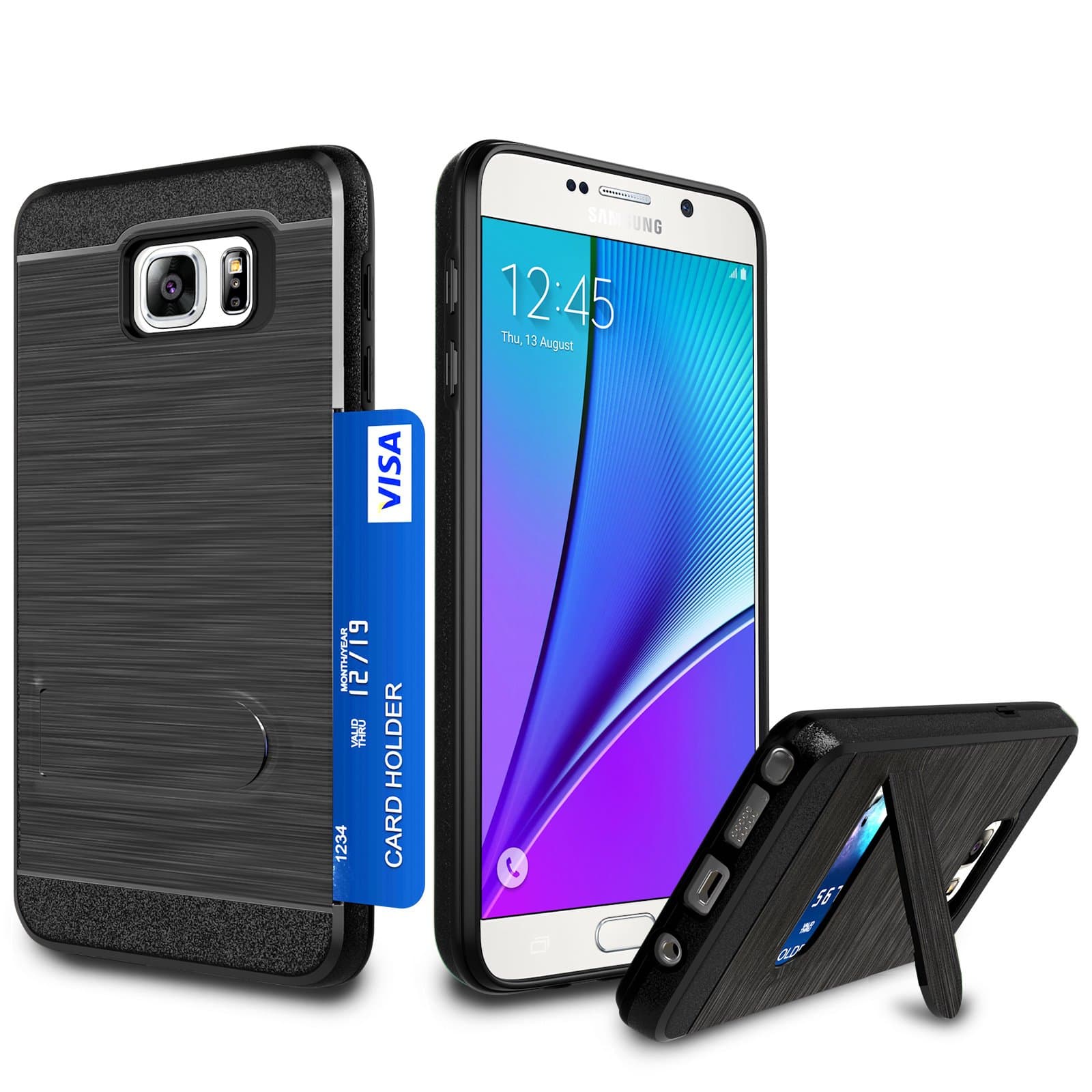 Note 5 Case, Zectoo Galaxy Note 5 Wallet Case Card Holder Slot Dual Layer Protective Cover Anti-Scratch Hard Shell Shock Absorbing w/Kickstand Tough Armor Case for Samsung Galaxy Note 5 N920 - Black