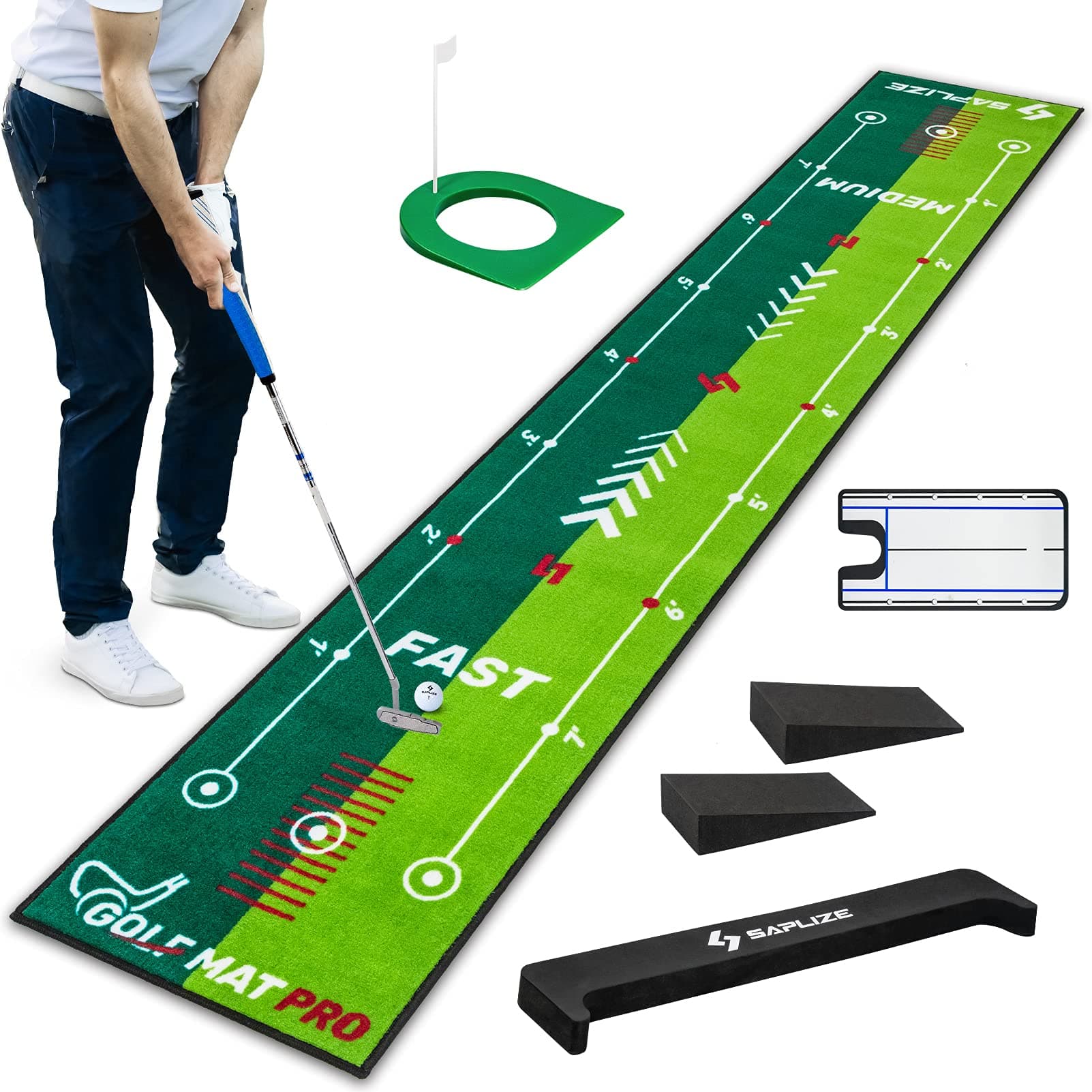 Two-Speed Golf Practice Mat with Alignment Mirror, 20 in X 10 ft Training Aid Mat, Anti-Slip Backing Golf Putting Green for Indoor/Outdoor