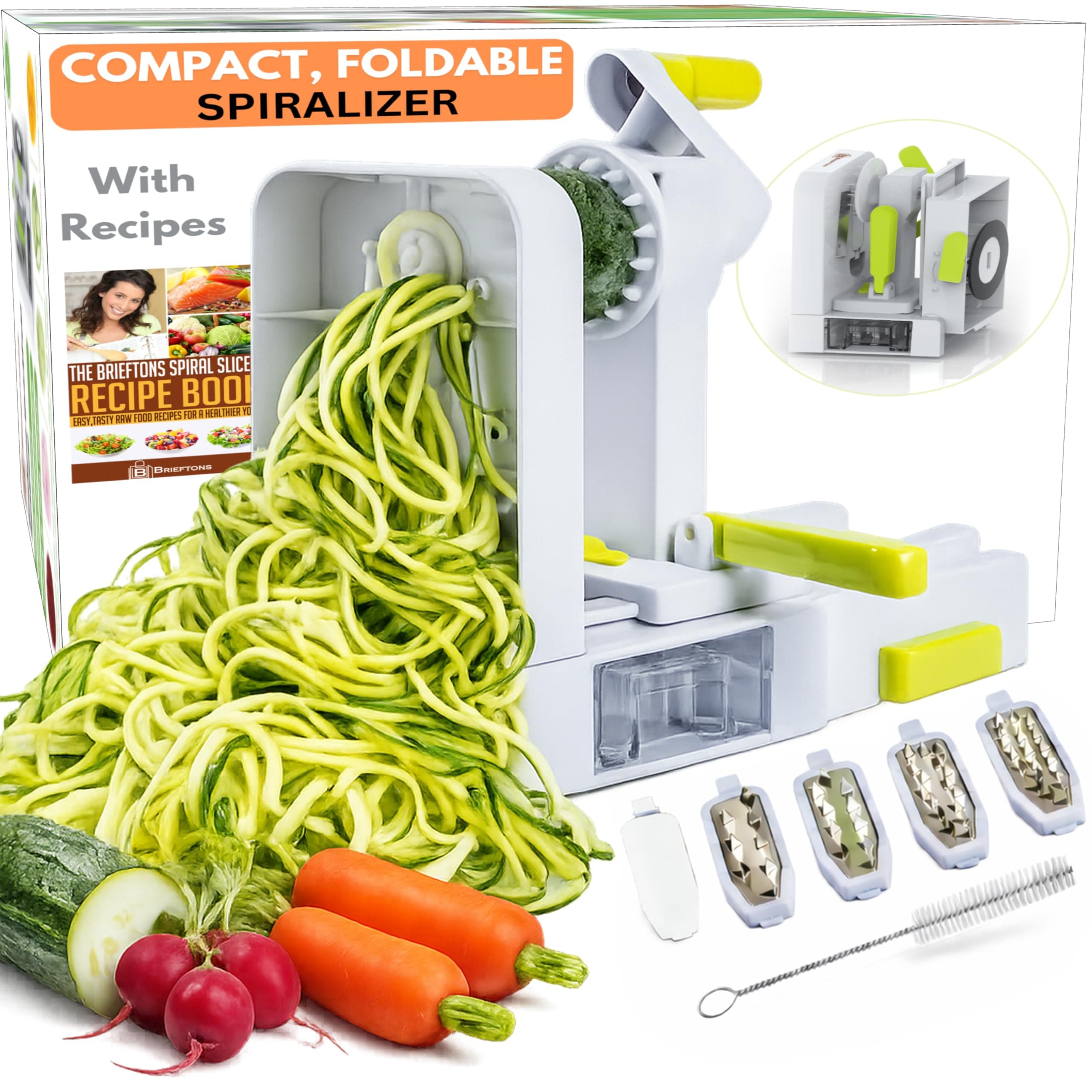 Brieftons QuickFold 5-Blade Spiralizer: Versatile & Compact Foldable Vegetable Spiral Slicer, Best Veggie Pasta Spaghetti Maker for Low Carb/Paleo/Gluten-Free with Brush & 4 Recipe Ebooks
