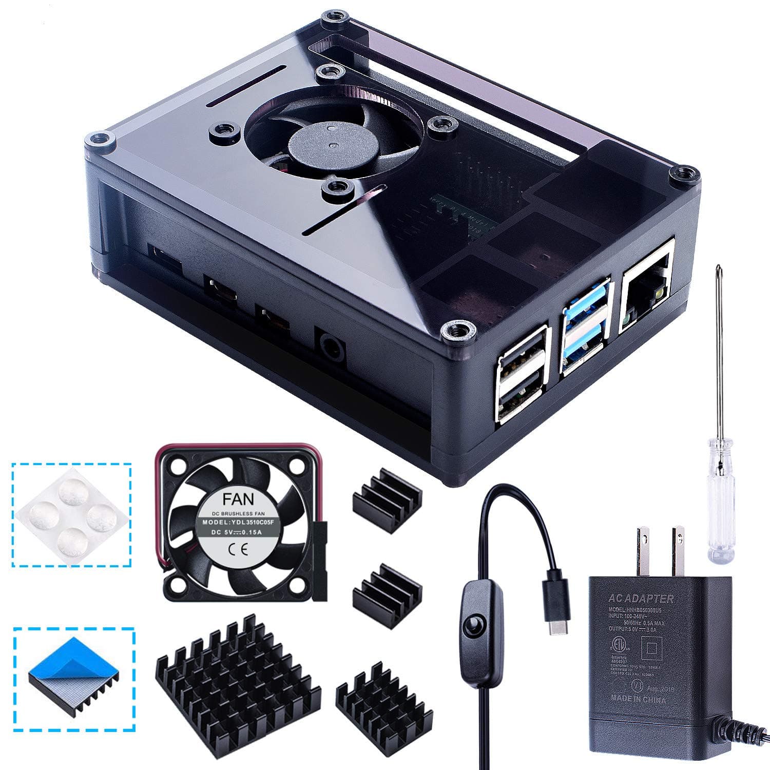 SmrazaAcrylic Case for Raspberry Pi 4 Model B, Case with 35 MM Fan, 4PCS Heatsinks, 5V 3A USB-C Power Supply Compatible with Raspberry Pi 4 (Upgrade, Large Fan and Large Heat Sinks) -Black