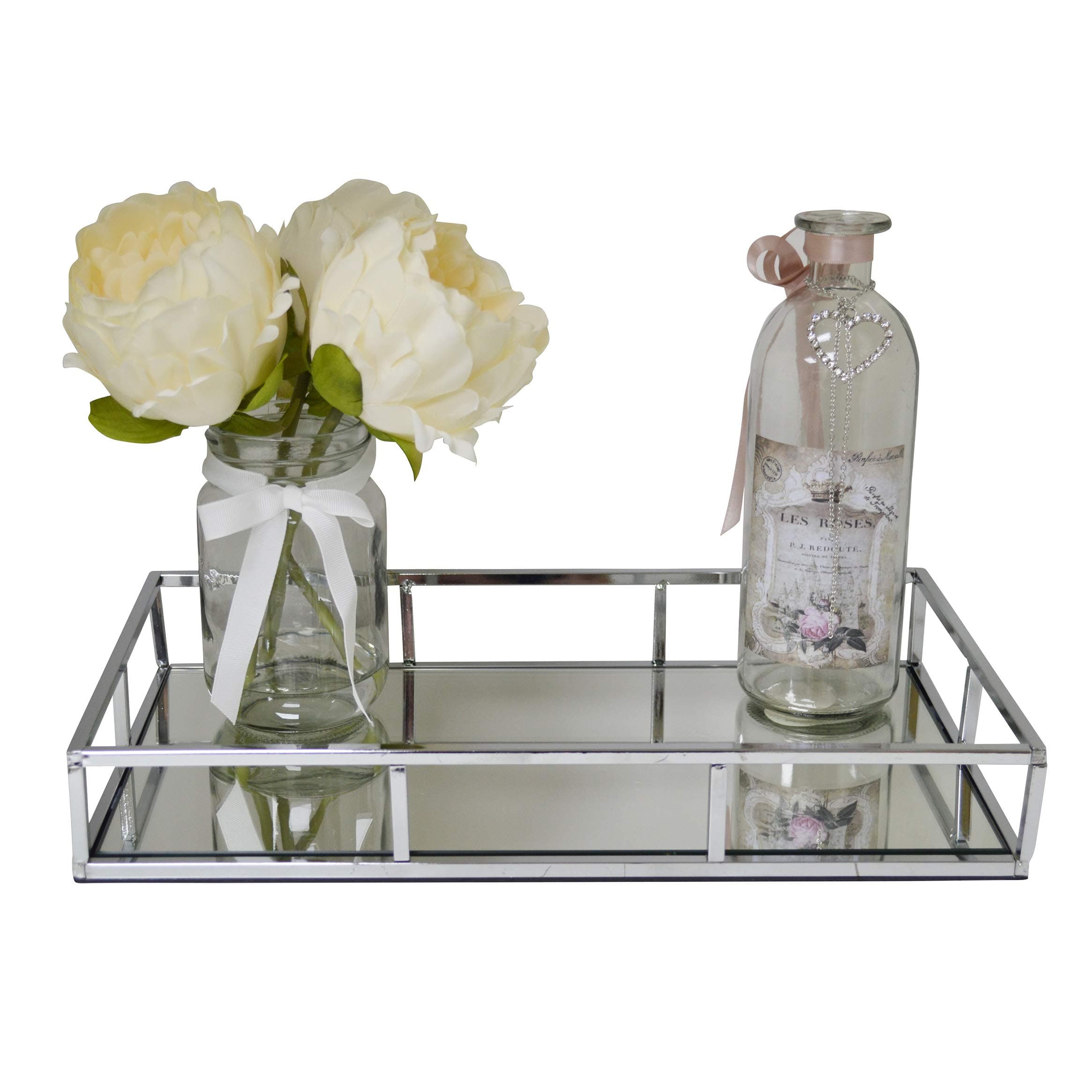 Silver Metal Rectangular Dressing Table Drinks Holder Vanity Serving Tray with Mirror Glass Base