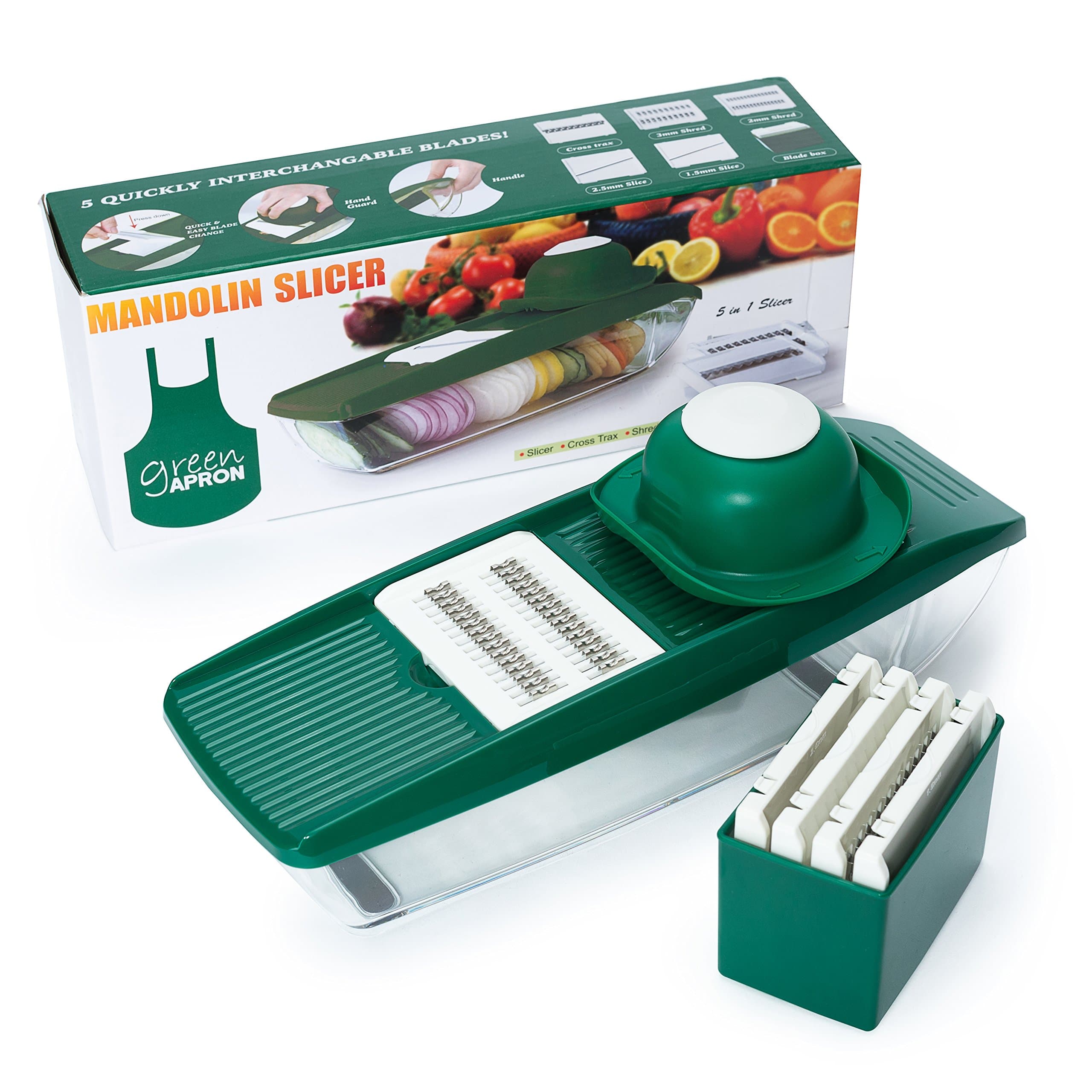 Green Apron Mandoline Slicer | 5 Interchangeable Blades Include Vegetable Grater, Julienne Slicer Cutter and Peeler, Brush, Hand Protector and Storage Container | Veggie Slicer and Vegetable Cutter