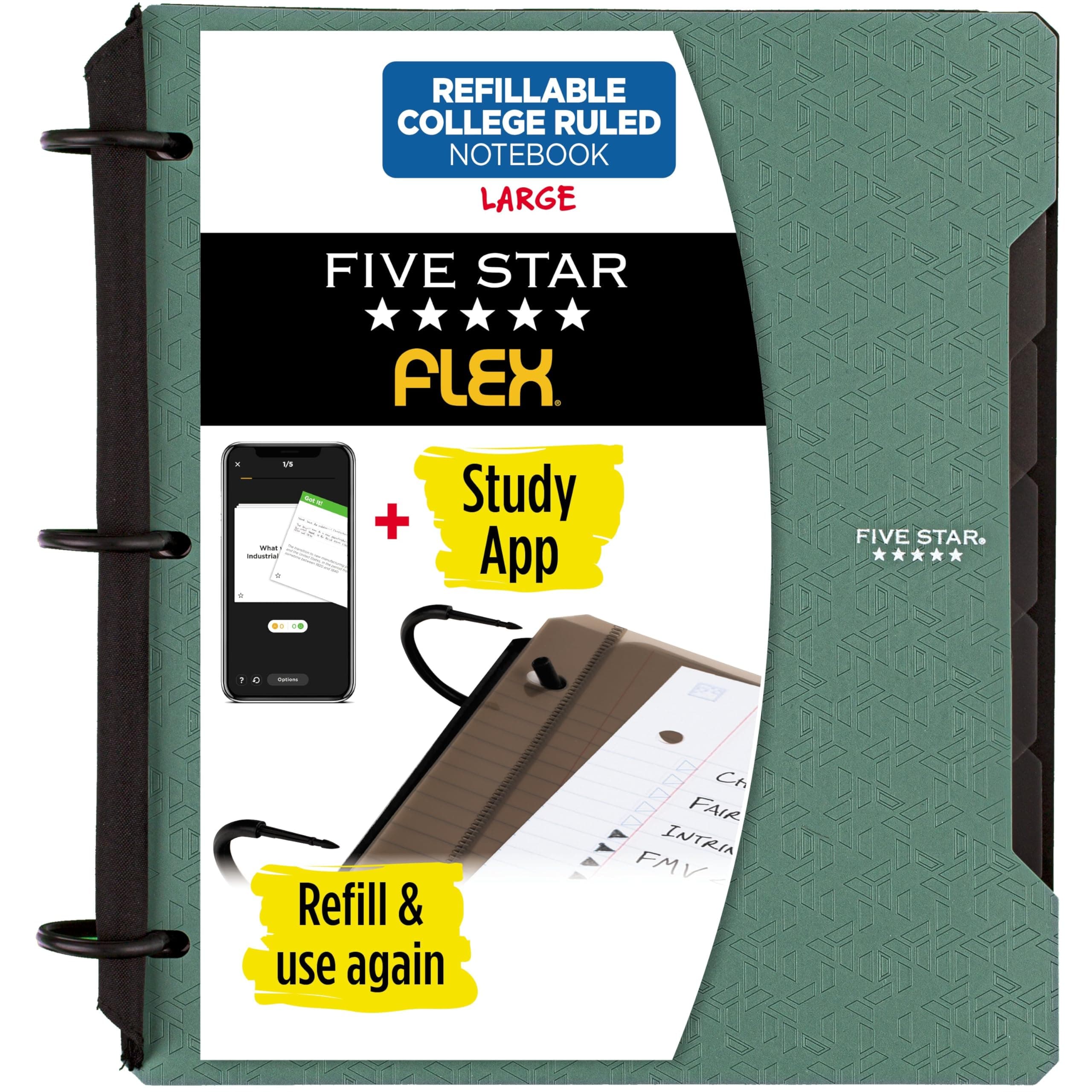 Five Star Flex Hybrid Notebinder, 2.5 cm Binder With Tabs, Notebook And 3-Ring Binder All-In-One, Green