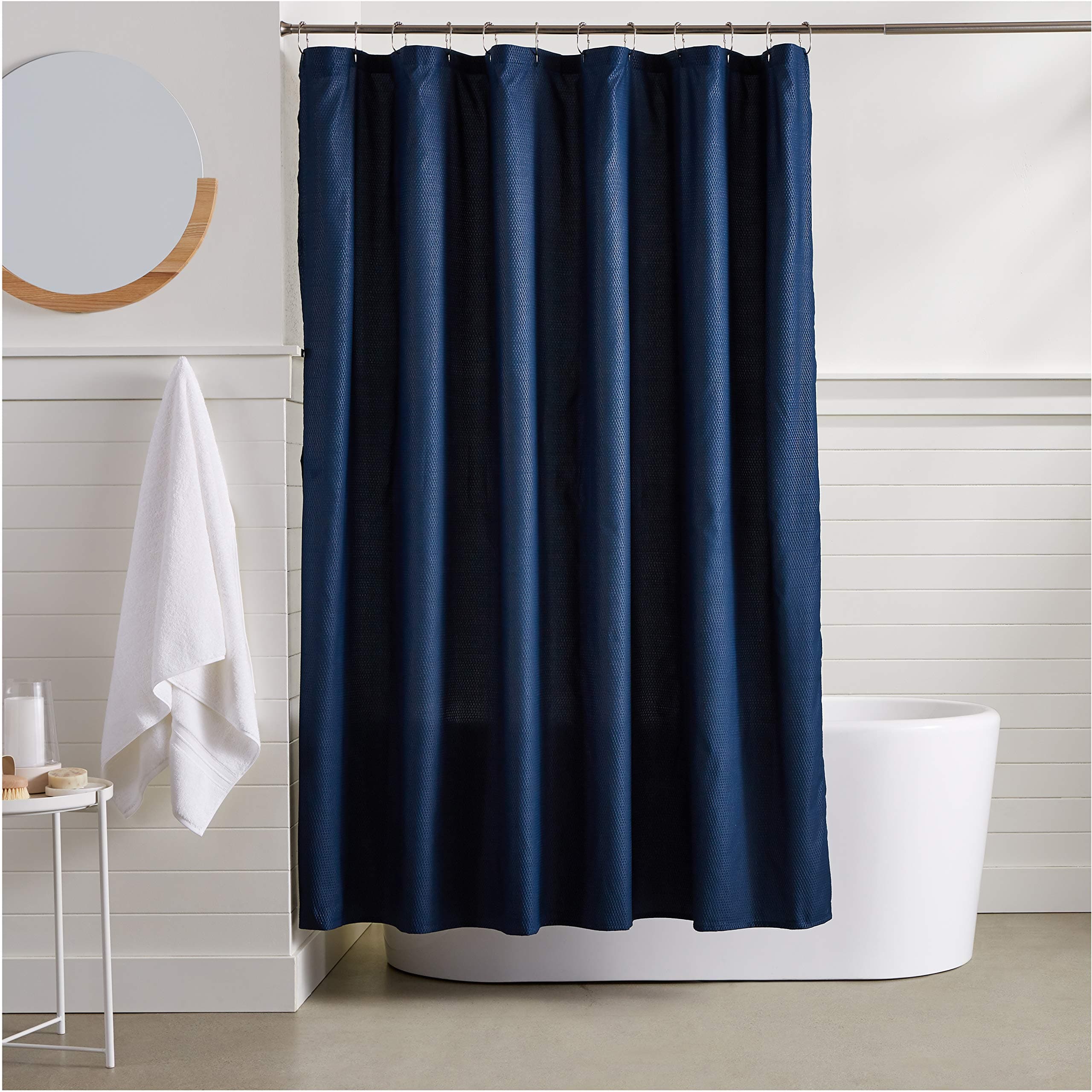 Amazon Basics Lightweight Super Soft Easy Care Microfiber Waffle Texture Shower Curtain, 183 x 183 cm, Navy Blue
