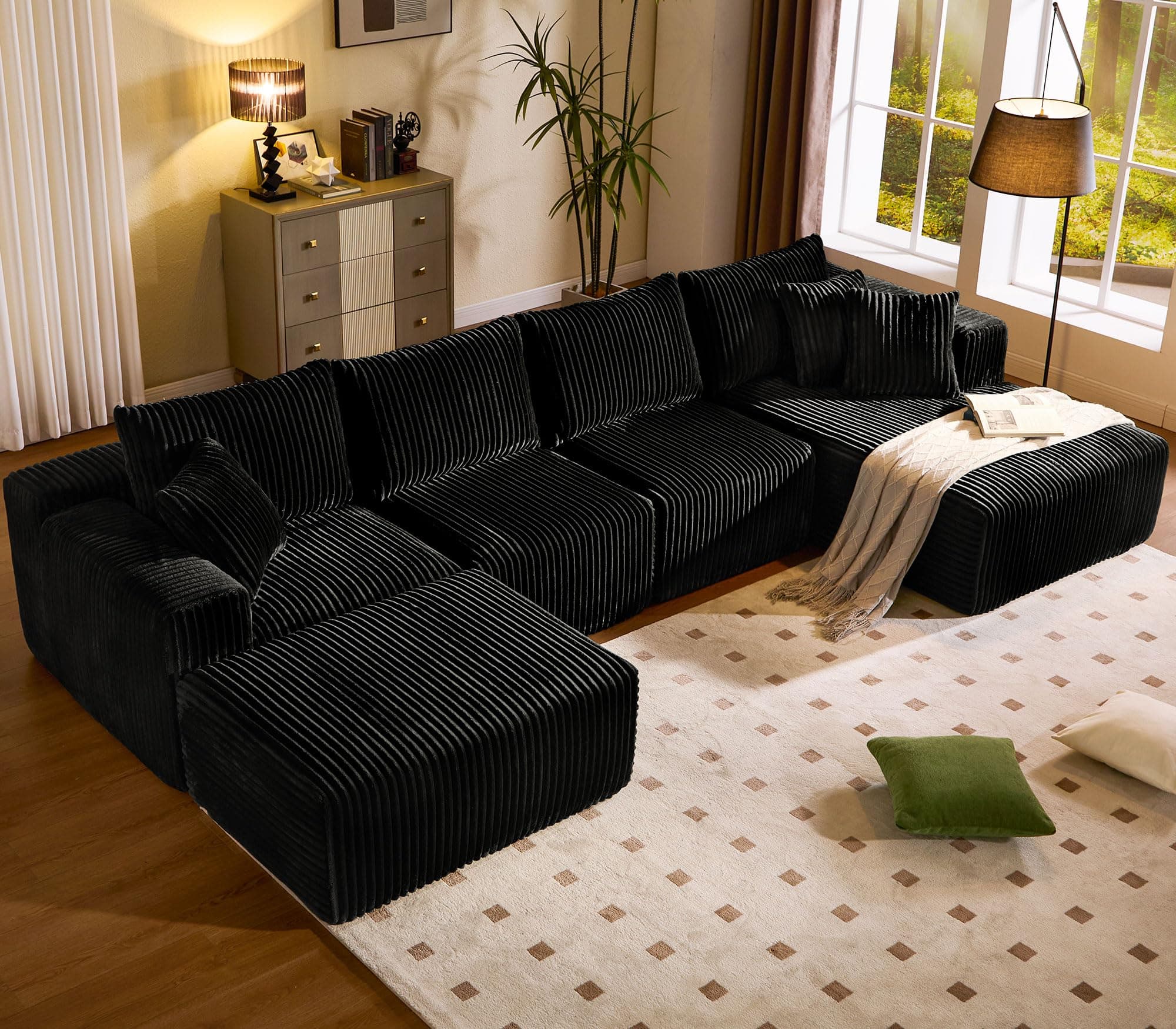 WorthFurni Cloud Modular Sofa Couch with U-Shape Chaise and Big Ottoman Modern Sectional with Deep Seat, Upholstered Couches for Living Room,No Assembly Required, Plush Corduroy Fabric 139.37"(Black)